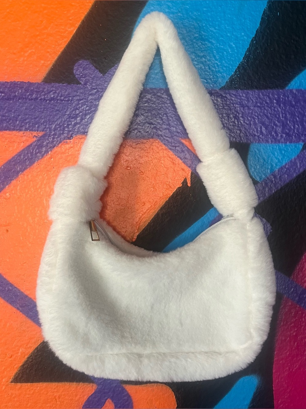 White faux fur purse